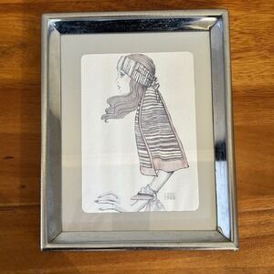 A. Gruerio Framed Art Deco Style Original Woman Portrait‎ Silver Frame Fashion